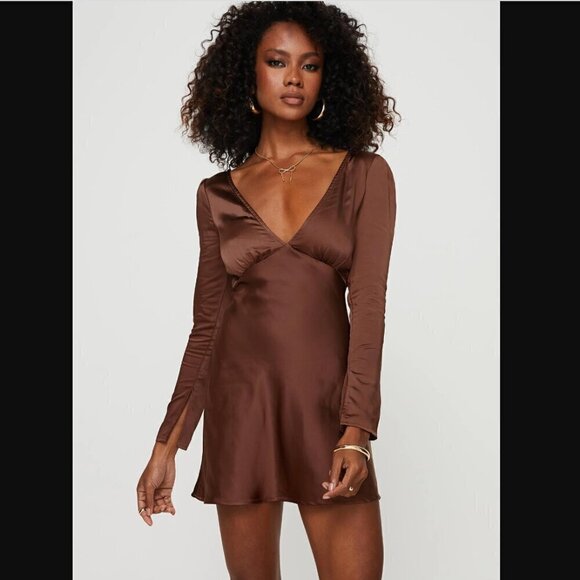 Princess Polly Nellie Chocolate Brown Satin Long Sleeve Mini Dress 0 - Picture 2 of 10